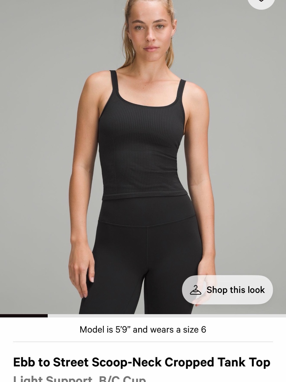 Lululemon Ebb to Street Black Scoop-Neck Cropped Tank Top